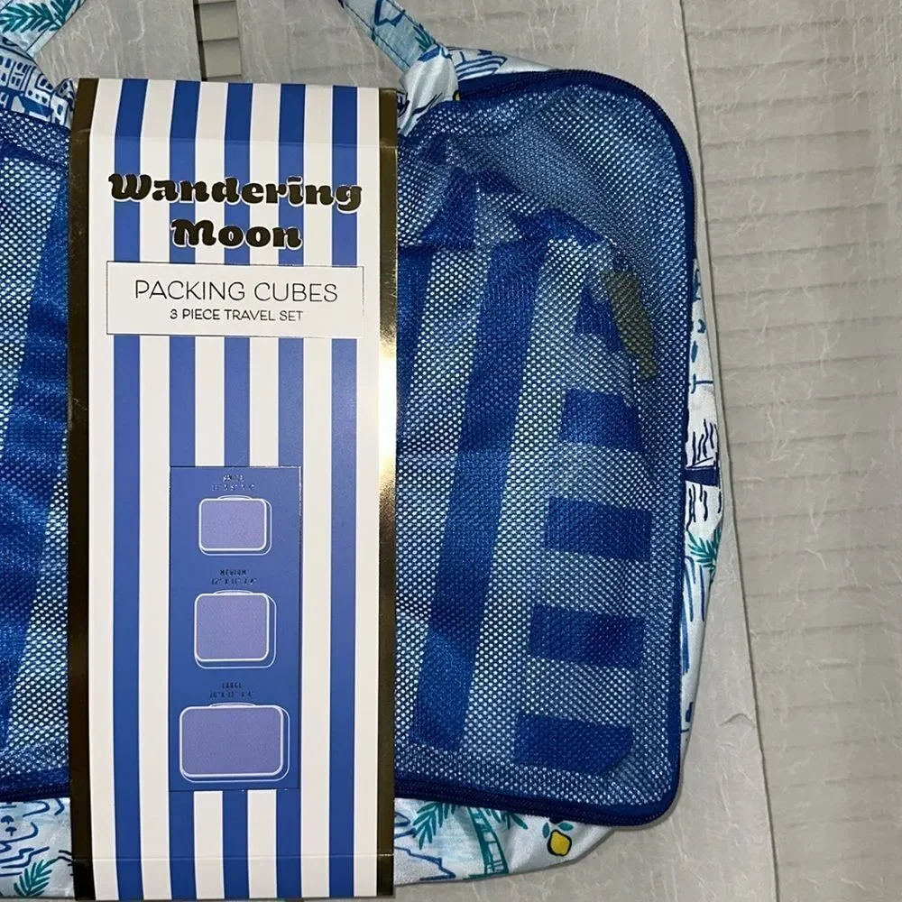 WM Blue Green Yellow Coastal Lemon Mesh Stripe 3 Piece Travel Packing Cube Set